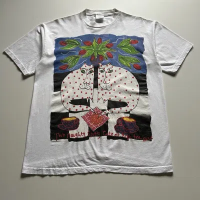 Pre-owned Vintage 90's Cat Art T-shirt Xl Made In Usa Abstract Art In White