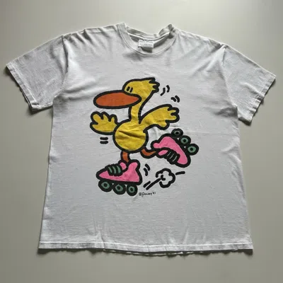 Pre-owned Vintage 90's Duck Rollerblading T-shirt Xl Funny Animal Art In White