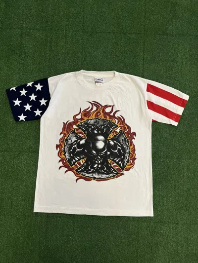 Pre-owned Vintage 90's Fire Skull Usa Choppers Style Biker Rock Tee In White