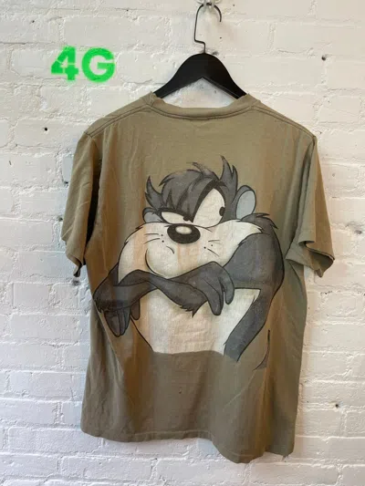 Pre-owned Vintage 90's Single Stitch Tasmanian Devil Thrashed Shirt In Olive Green