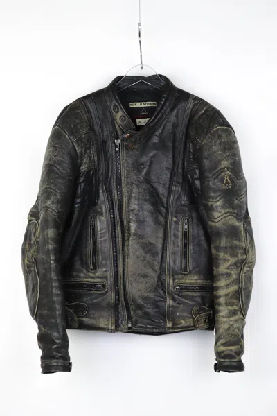 Pre-owned Vintage Ace Leather  Thrashed Distressed Leather Biker Jacket In Black