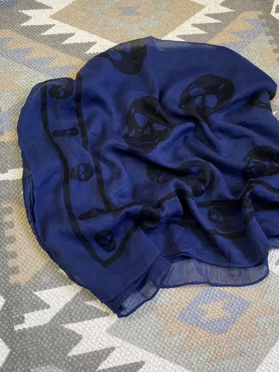 Pre-owned Vintage Alexander Mcqueen Style Silk Skull Print Scarf In Blue