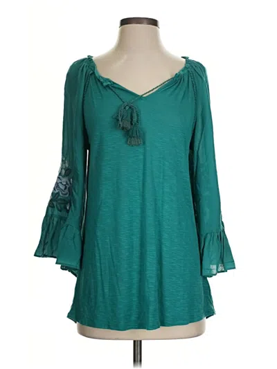 Pre-owned Vintage America Blues 3/4 Sleeve Top Teal Keyhole Neckline Tops