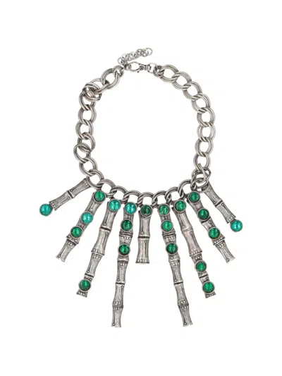 Pre-owned Vintage Bamboo-effect Crystal-embellished Necklace In Silver