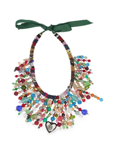 Pre-owned Vintage Beaded Heart-pendant Necklace In Green