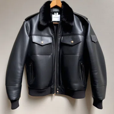 Pre-owned Vintage Black Leather Bomber Jacket - Classic Style Meets Luxury Fox Fur Collar