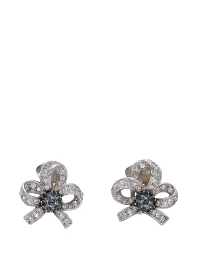 Pre-owned Vintage Bow-detail Crystal-embellished Earrings In Silver