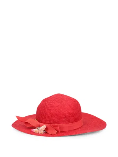 Pre-owned Vintage Bow-detail Floral-embellished Sun Hat In Red