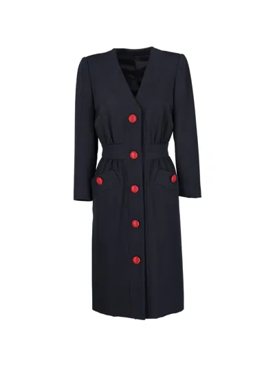 Pre-owned Vintage Buttoned V-neck Midi Dress In Blue