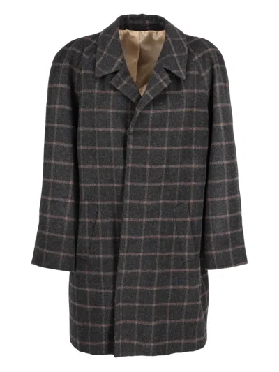 Pre-owned Vintage Checked Notched-collar Wool Coat In Gray