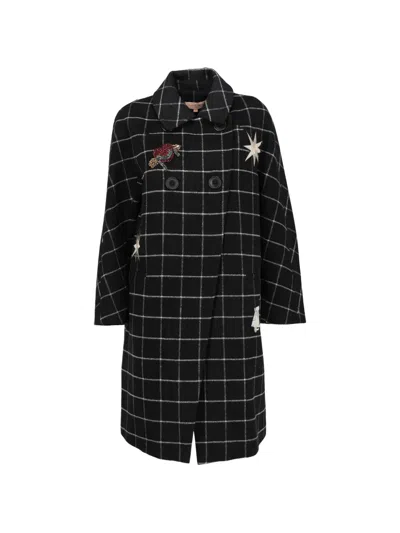 Pre-owned Vintage Checkered Embroidered Coat In Black