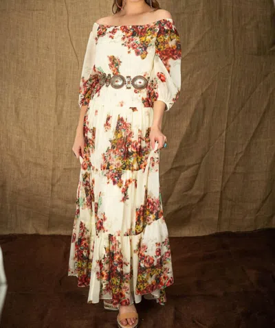 Vintage Collection Flower Bouquet Long Dress In Cream In Multi