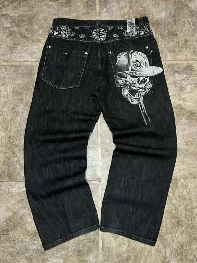 Pre-owned Vintage Crazy Y2k Baggy Denim Skull Jnco Style Skater Jeans In Black