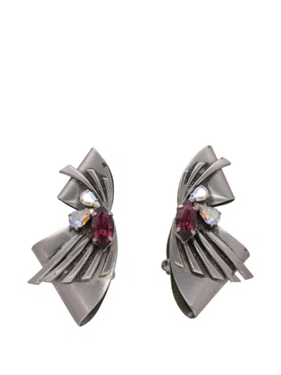 Pre-owned Vintage Crystal-embellished Clip-on Earrings In Silver