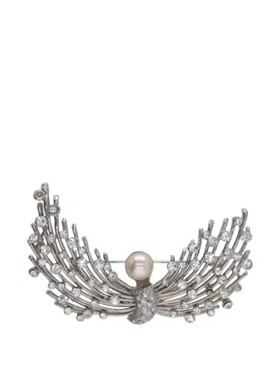 Pre-owned Vintage Crystal-embellished Faux-pearl Brooch In Silver
