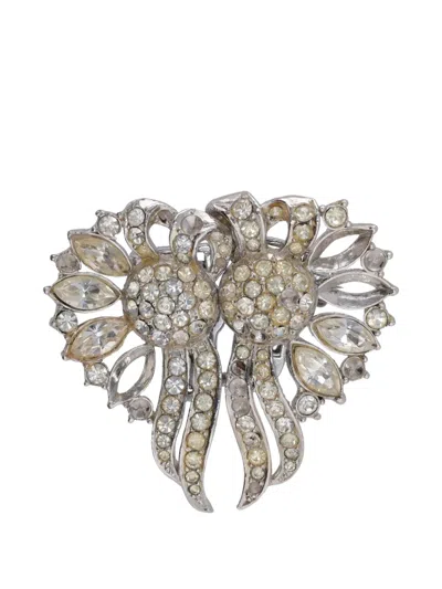 Pre-owned Vintage Crystal-embellished Floral-motif Brooch In Silver