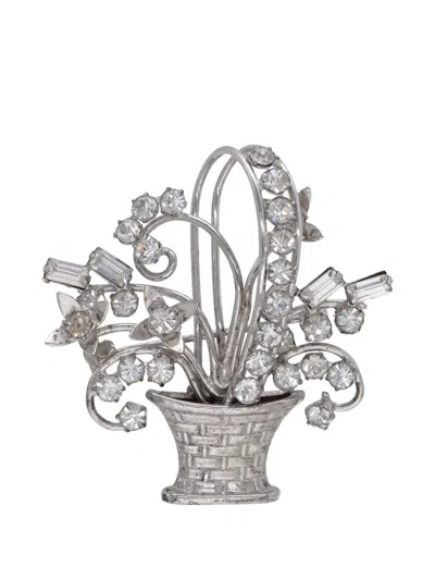Pre-owned Vintage Crystal-embellished Flower Basket Brooch In Silver