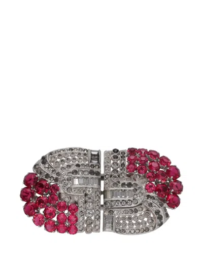 Pre-owned Vintage Crystal-embellished Geometric Brooch In Silver