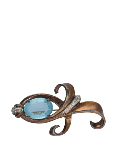 Pre-owned Vintage Crystal-embellished Scroll Brooch In Brown