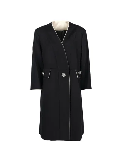 Pre-owned Vintage Embellished Contrast-trim Coat In Black