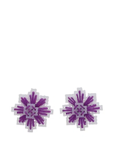 Pre-owned Vintage Embroidered Geometric Earrings In Purple