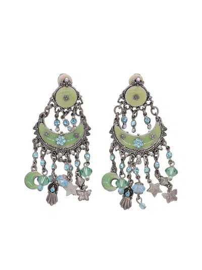Vintage Enamel Dangle Earrings In Green