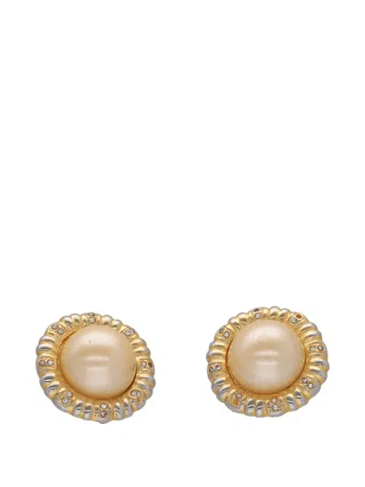Pre-owned Vintage Faux-pearl Embellished Earrings In Gold