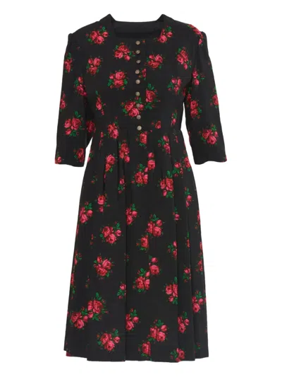 Pre-owned Vintage Floral-print Cotton Dress In Black