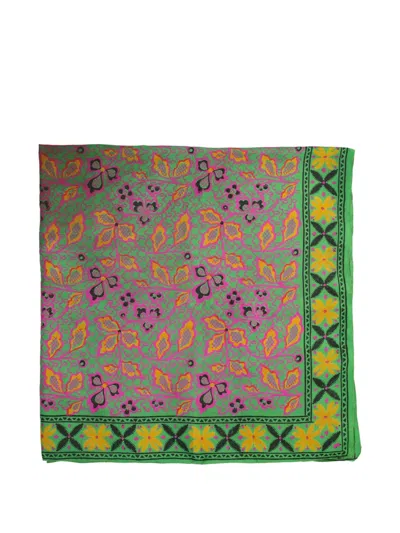 Pre-owned Vintage Floral-print Silk Scarf In Green
