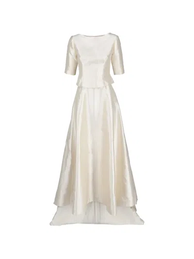 Pre-owned Vintage Floral-applique Peplum Dress In Neutral