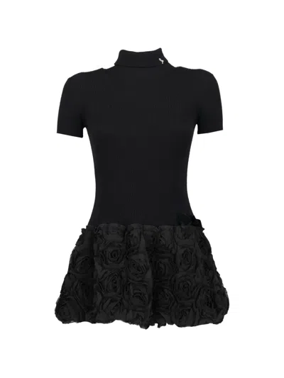Pre-owned Vintage Floral-appliqué Roll-neck Mini Dress In Black