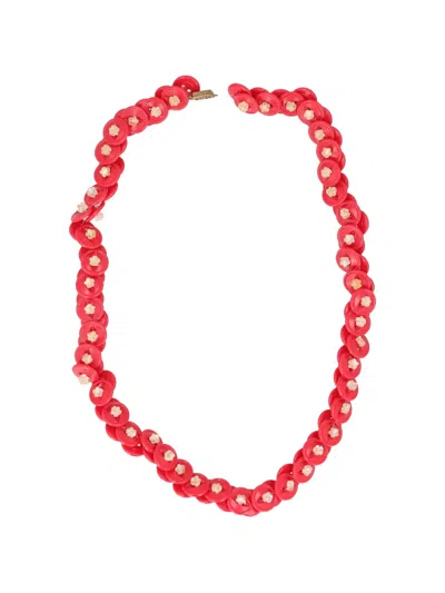 Pre-owned Vintage Floral-detail Beaded Necklace In Red