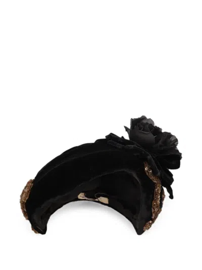 Pre-owned Vintage Floral-detail Sequin-embellished Hat In Black