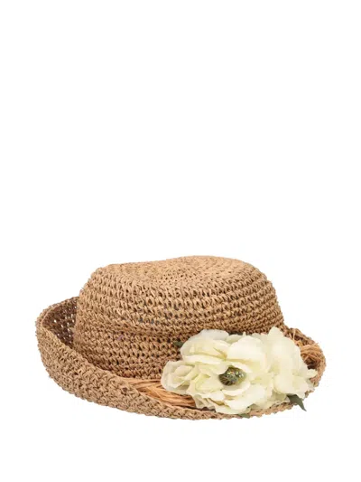 Pre-owned Vintage Floral-detail Straw Hat In Neutral
