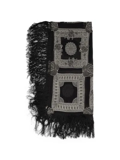 Pre-owned Vintage Floral-print Fringed Scarf In Black