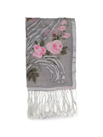 Pre-owned Vintage Floral-print Fringed Scarf In Gray