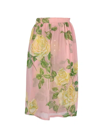 Pre-owned Vintage Floral-print Maxi Skirt And Blouse In Pink