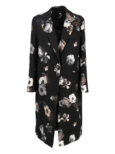 Pre-owned Vintage Flower-print Coat In Black