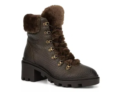 Vintage Foundry Regina Faux Fur Trimmed Snake Embossed Boot In Army Green