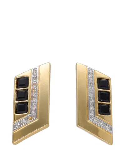 Pre-owned Vintage Geometric Crystal-embellished Clip-on Earrings In Gold