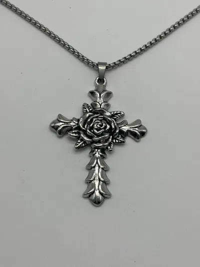 Pre-owned Vintage Gothic Rose Cross Necklace In Silver