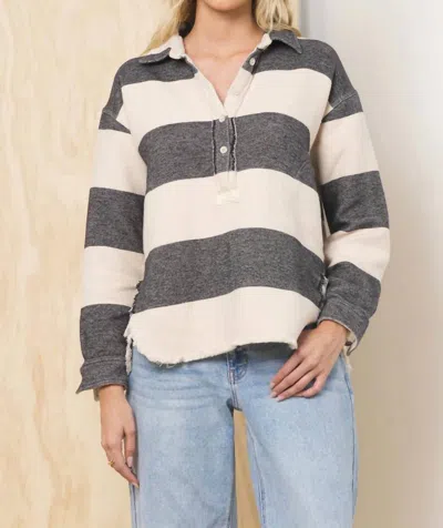 Vintage Havana Buffalo Stripe Quarter Button Down In Black & Cream In Multi