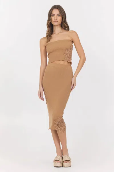 Vintage Havana Crochet Floral Rib Tube Top And Midi Skirt Set In Caramel In Brown