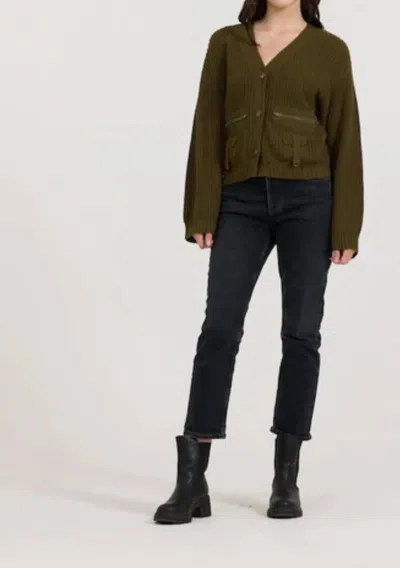 Vintage Havana Deep Olive Fitted Utiility Cardigan In Green