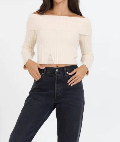 Vintage Havana Distressed Off Shoulder Sweater In Ivory In Multi
