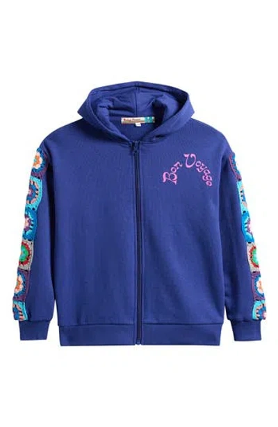 Vintage Havana Kids' Crop Crochet Zip-up Hoodie In Blue