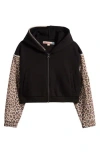 Vintage Havana Kids' Leopard Print Sleeve Crop Zip Hoodie In Black