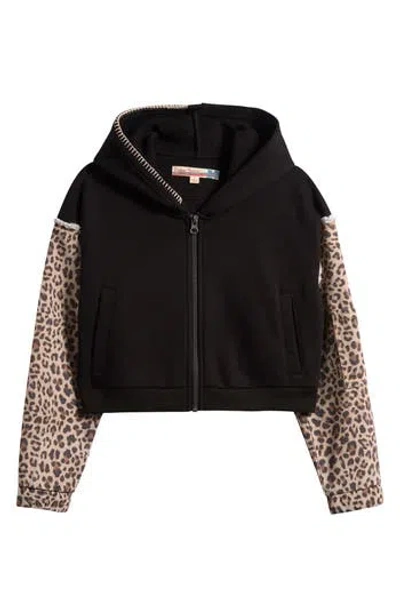 Vintage Havana Kids' Leopard Print Sleeve Crop Zip Hoodie In Black