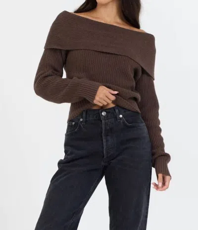 Vintage Havana Off The Shoulder Zip Back Sweater In Espresso In Brown