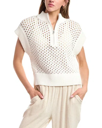 Vintage Havana Open Knit Short Sleeve Quarter Zip Sweater In White